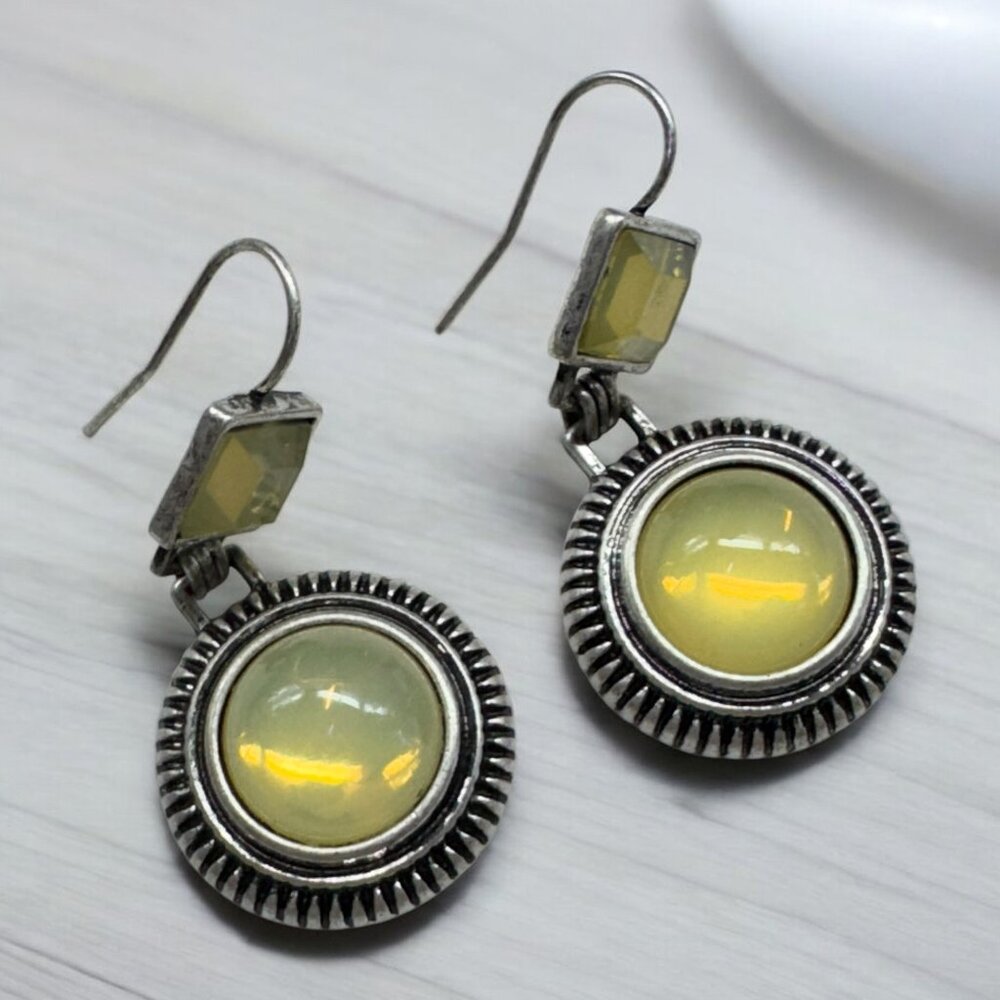 Silver Tone Dangling Pierced Earrings Glass Round Stone Vanilla Colour